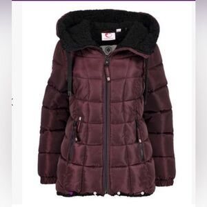 CANADA Weather‎ Gear - women’s Sherpa lined Puffer hooded Coat Burgundy/ black L